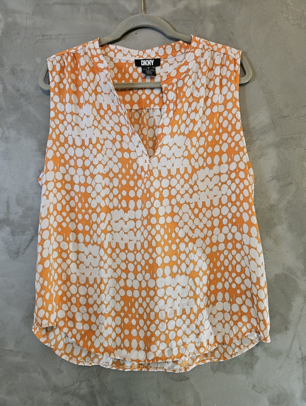 DKNY Orange White Polka Dot Chiffon Pleated V-Neck Sleeveless Blouse XL